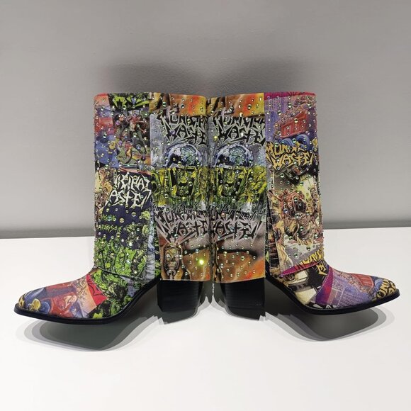 Women's Multi Rhinestone Fabric Chunky Heel Sturdy Sole Calf Western Boots - Picture 6 of 9